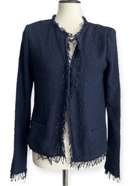 IRO Shavani Fringe Hem‎ Tweed Boucle Jacket Navy Blue Lightweight Sz 40 / US 6
